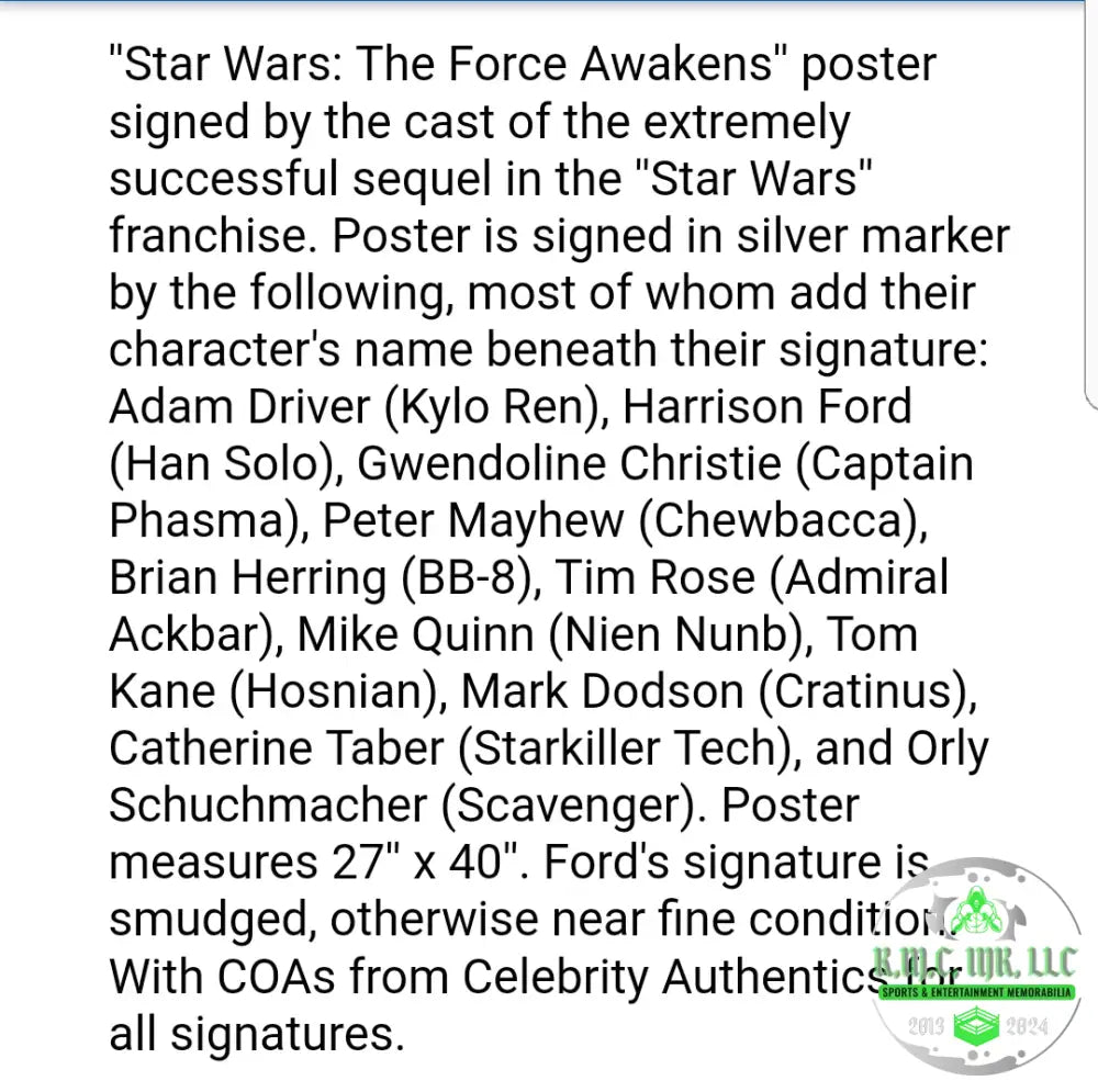 *Star Wars: The Force Awakens Cast Signed Autographed & Inscribed 27X40 Framed Poster W/Celeb