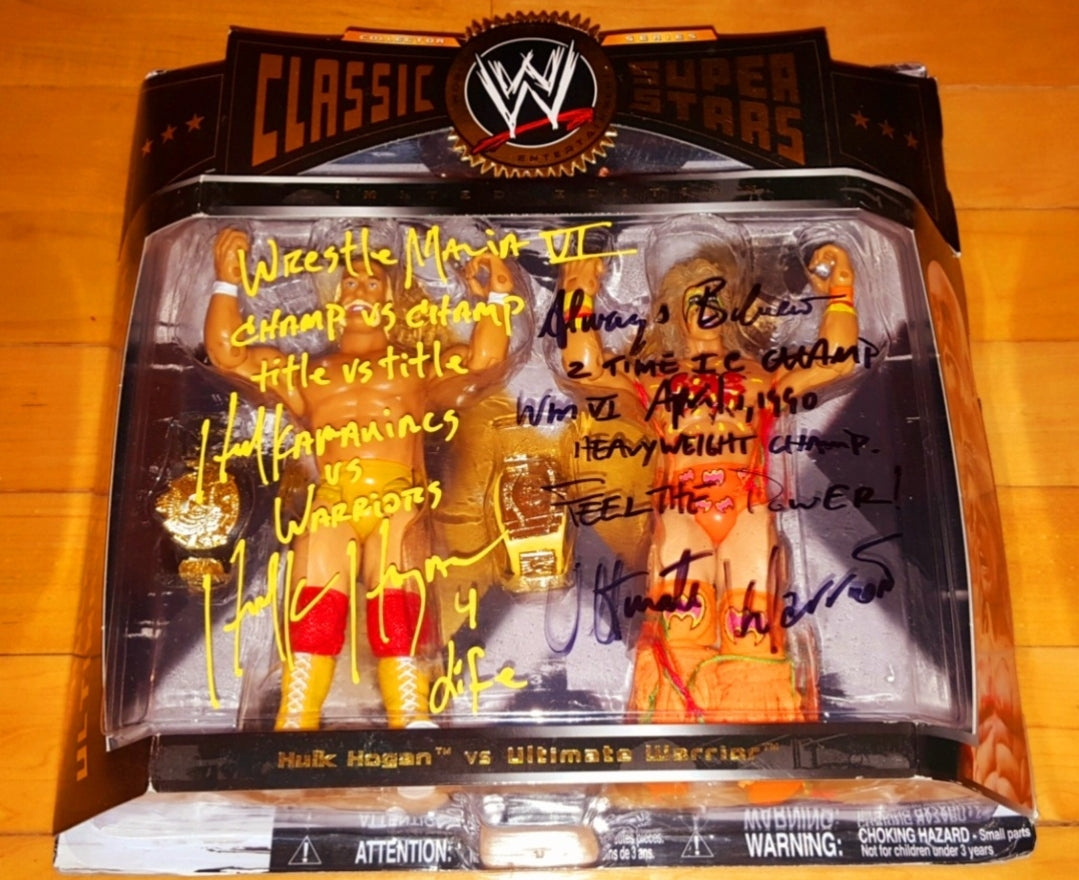 *WWF/WWE HULK HOGAN & ULTIMATE WARRIOR DUAL SIGNED AUTOGRAPHED 10X INSCRIBED "WMVI" "HULKAMANIACS VS WARRIORS" VS "2 TIME IC CHAMP" "APRIL 1 1990" "FEEL THE POWER" +MORE CLASSIC SUPER. 1/1 ULTRA RARE! #HOGANWARCLASSIC1A