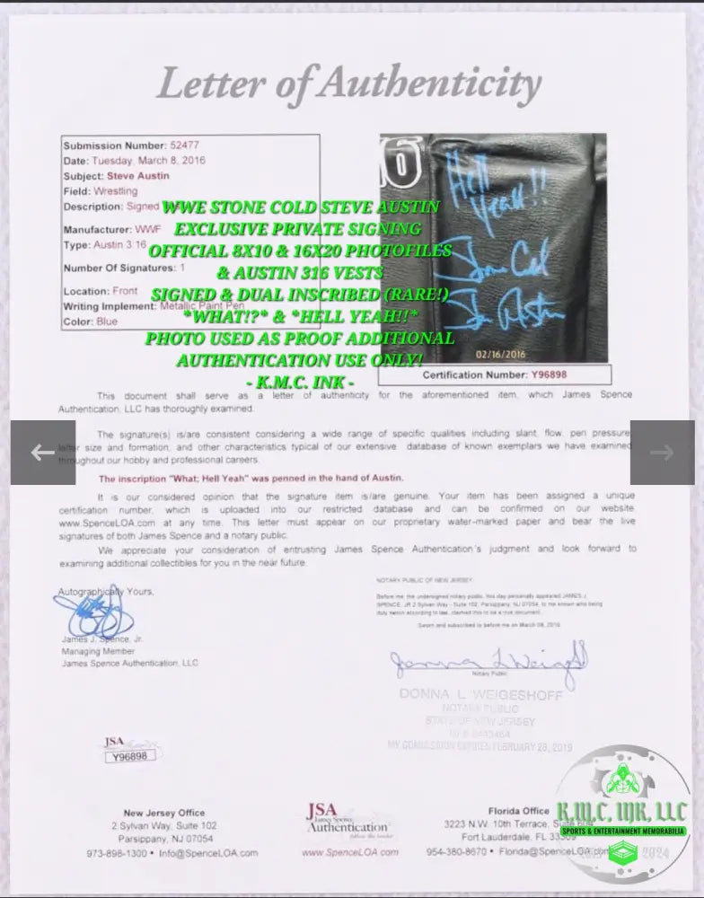*WWE STONE COLD STEVE AUSTIN SIGNED AUTOGRAPHED & INSCRIBED ’HELL YEAH!’ ’WHAT!?’ 8X10 PHOTOFILE* #AUSTIN25